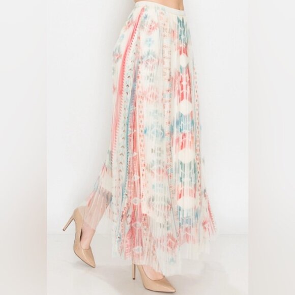 NEW Origami Cream Aztec Tribal Orange Red Blue Tulle Overlay 2 Tier Maxi Skirt M - Picture 4 of 6